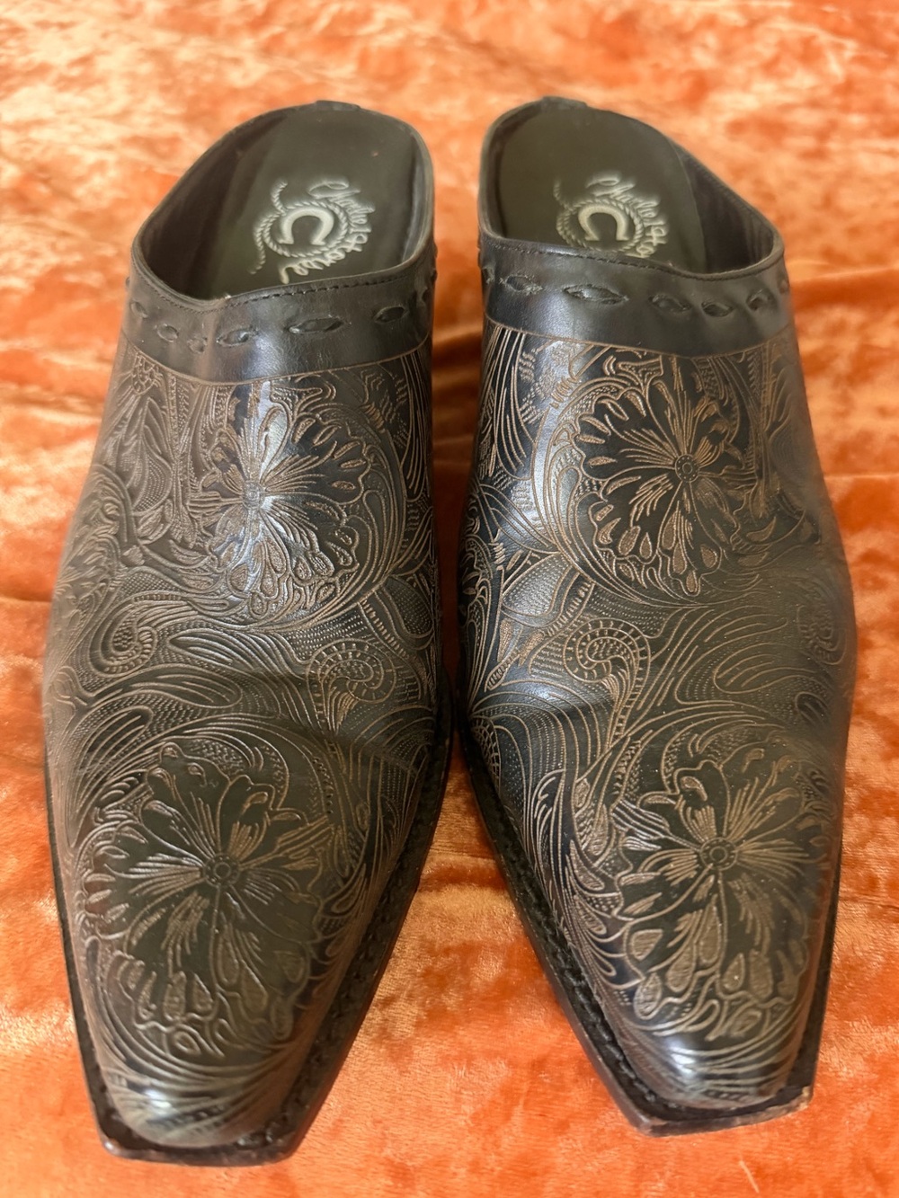 Charlie 1 Horse by Lucchese black hand-tooled floral leather western mules - 7